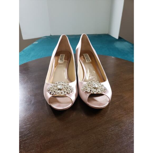 Badgley Mischka Heels Shoes Sz 9 Womens Pink Peep Toe Pumps Floral Bling - Picture 3 of 12